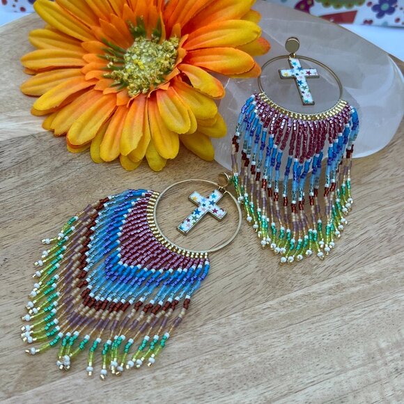 Handmade Beaded Long Faith Fringe Cross Dangle Drop Lightweight Post Earrings - Picture 7 of 11